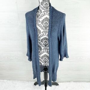 Wooden Ships Open Knit & Front Flute 3/4 Sleeve Waterfall Long Cardigan